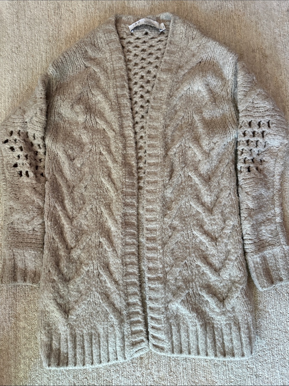 IRO Paris Air Open-Front Chunky Cable Knit Cardigan - Oatmeal/Taupe Size Small